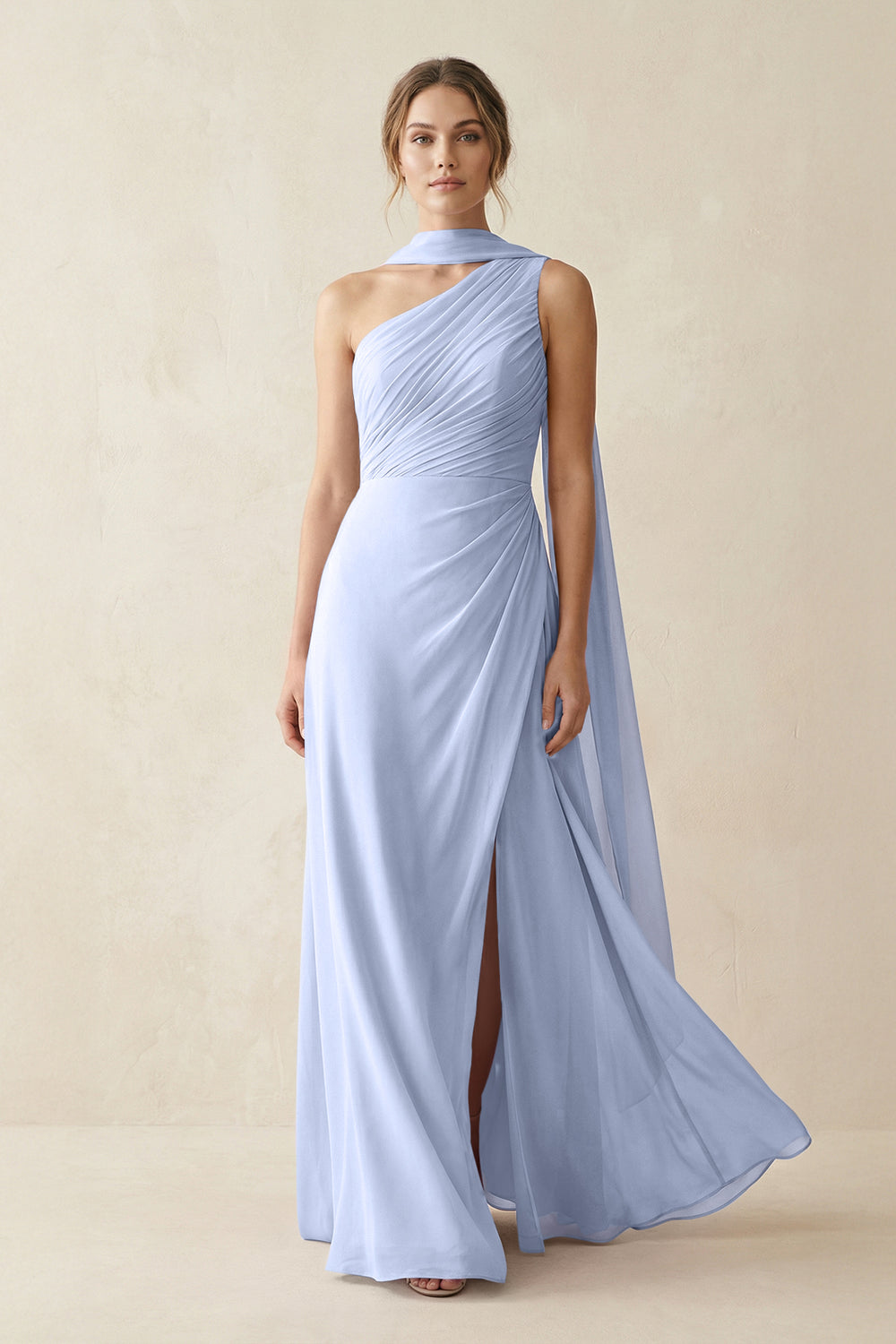 One-Shoulder Sheath Chiffon Bridesmaid Dress with Ribbon in Ice