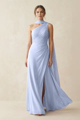 One-Shoulder Sheath Chiffon Bridesmaid Dress with Ribbon in Ice | KISSBRIDAL