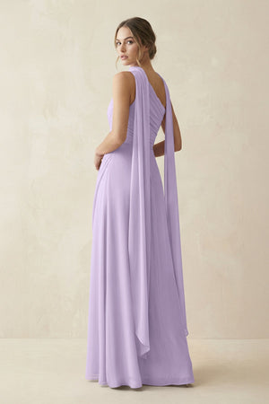 One - Shoulder Sheath Chiffon Bridesmaid Dress with Ribbon in Lavender - SHE IS ME Bridesmaid Dresses