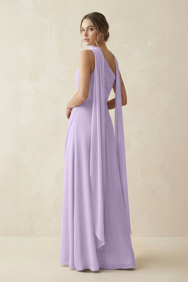 One - Shoulder Sheath Chiffon Bridesmaid Dress with Ribbon in Lavender - SHE IS ME Bridesmaid Dresses