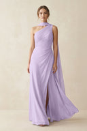 One - Shoulder Sheath Chiffon Bridesmaid Dress with Ribbon in Lavender - SHE IS ME Bridesmaid Dresses