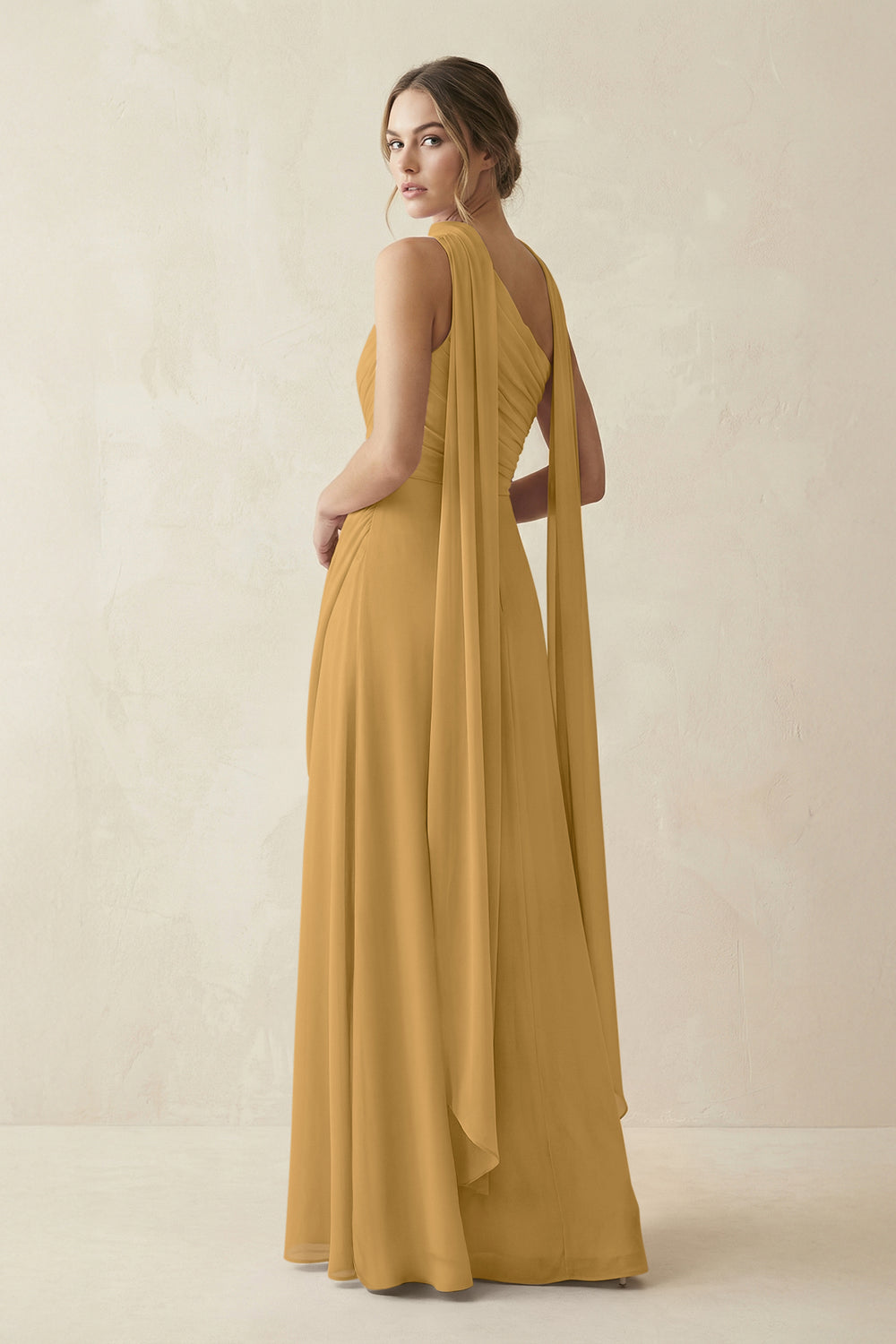 One-Shoulder Sheath Chiffon Bridesmaid Dress with Ribbon in Marigold
