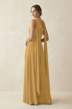 One-Shoulder Sheath Chiffon Bridesmaid Dress with Ribbon in Marigold (2) | KISSBRIDAL