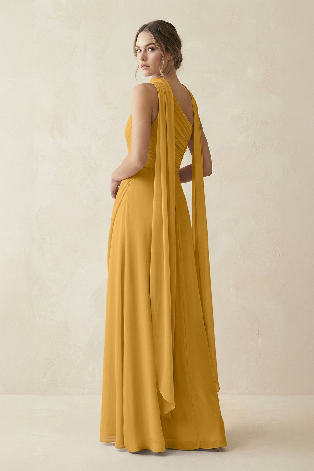 One - Shoulder Sheath Chiffon Bridesmaid Dress with Ribbon in Marigold - KISS BRIDAL Bridesmaid Dresses