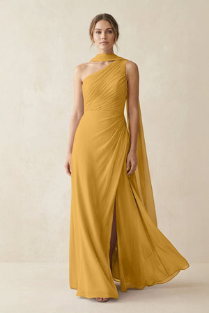 One - Shoulder Sheath Chiffon Bridesmaid Dress with Ribbon in Marigold - SHE IS ME Bridesmaid Dresses