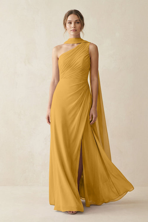 One - Shoulder Sheath Chiffon Bridesmaid Dress with Ribbon in Marigold - SHE IS ME Bridesmaid Dresses