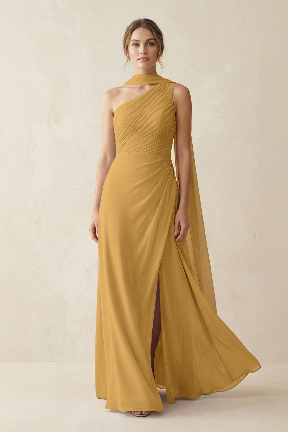 One-Shoulder Sheath Chiffon Bridesmaid Dress with Ribbon in Marigold