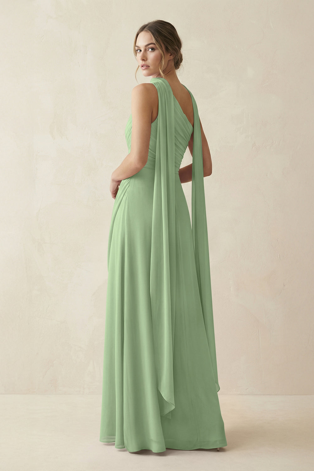 One-Shoulder Sheath Chiffon Bridesmaid Dress with Ribbon in Matcha