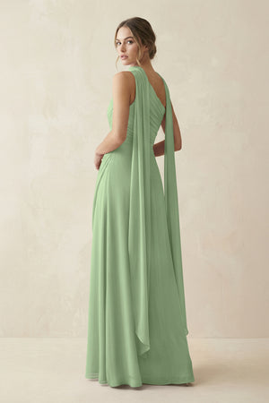 One-Shoulder Sheath Chiffon Bridesmaid Dress with Ribbon in Matcha (2) | KISSBRIDAL
