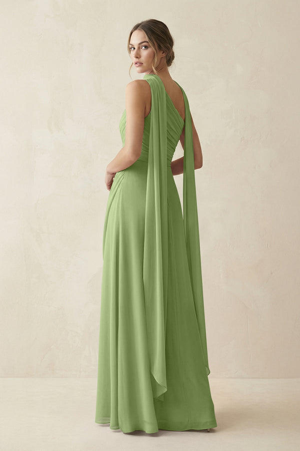 One - Shoulder Sheath Chiffon Bridesmaid Dress with Ribbon in Matcha - SHE IS ME Bridesmaid Dresses