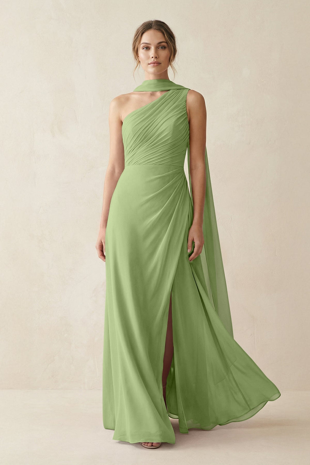 One - Shoulder Sheath Chiffon Bridesmaid Dress with Ribbon in Matcha - KISS BRIDAL Bridesmaid Dresses