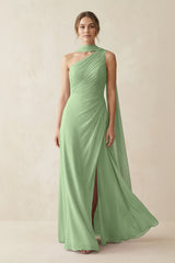 One-Shoulder Sheath Chiffon Bridesmaid Dress with Ribbon in Matcha | KISSBRIDAL