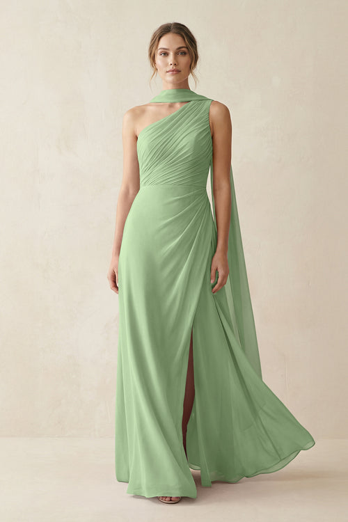 One-Shoulder Sheath Chiffon Bridesmaid Dress with Ribbon in Matcha | KISSBRIDAL