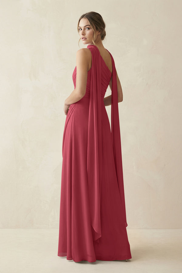 One-Shoulder Sheath Chiffon Bridesmaid Dress with Ribbon in Merlot (2) | KISSBRIDAL