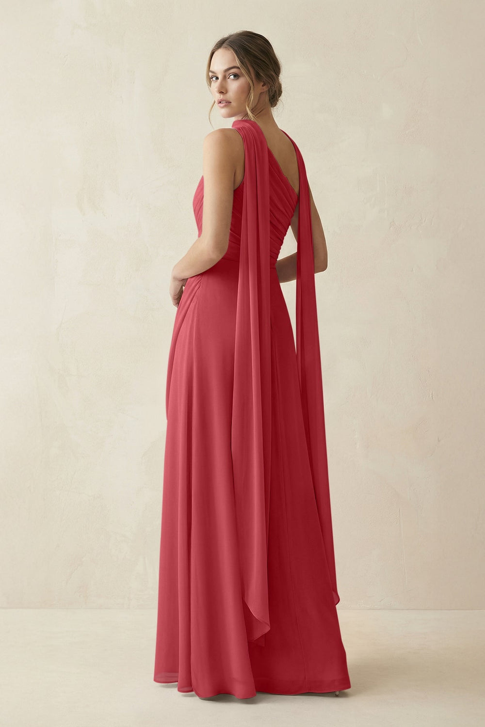 One - Shoulder Sheath Chiffon Bridesmaid Dress with Ribbon in Merlot - KISS BRIDAL Bridesmaid Dresses