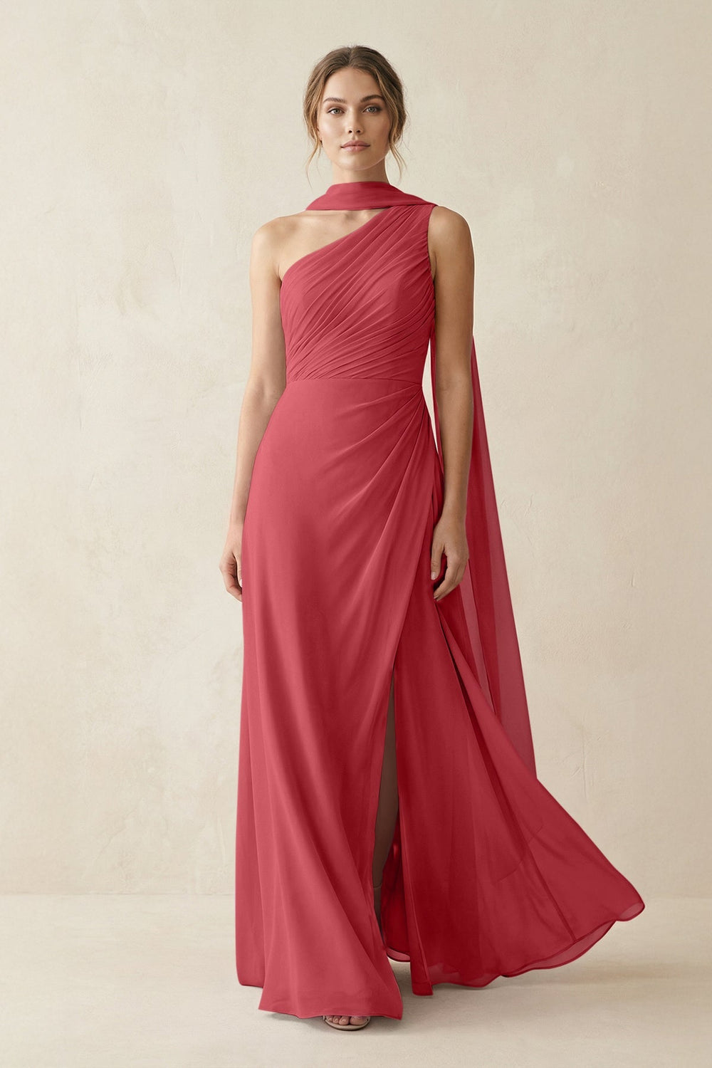 One - Shoulder Sheath Chiffon Bridesmaid Dress with Ribbon in Merlot - KISS BRIDAL Bridesmaid Dresses