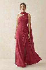 One-Shoulder Sheath Chiffon Bridesmaid Dress with Ribbon in Merlot | KISSBRIDAL