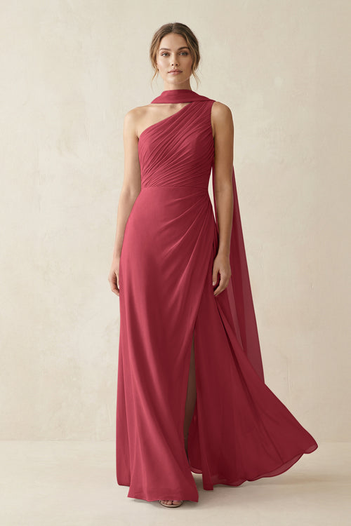One-Shoulder Sheath Chiffon Bridesmaid Dress with Ribbon in Merlot | KISSBRIDAL