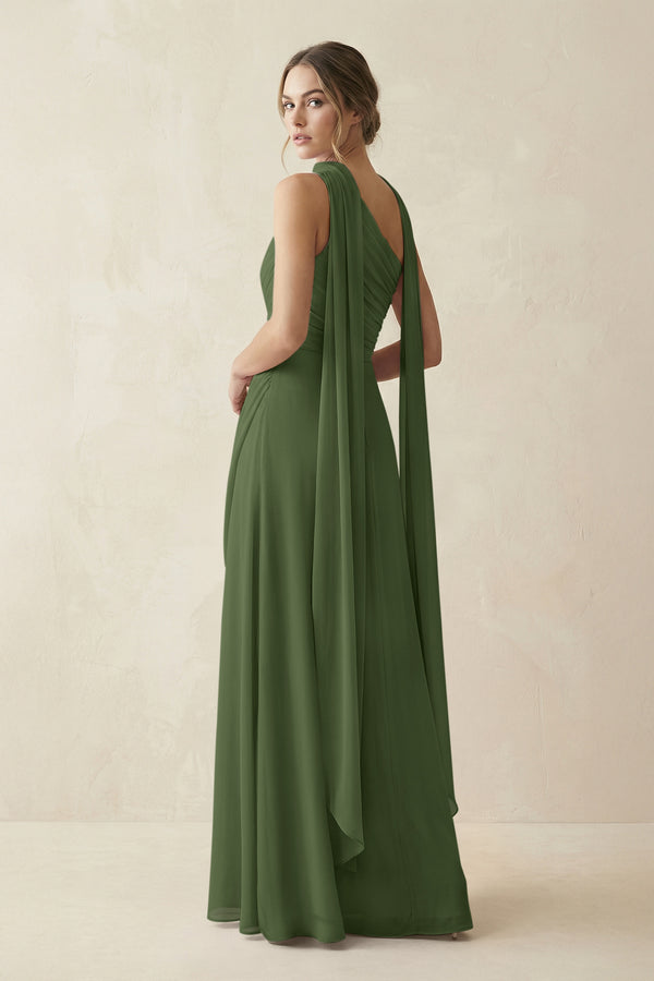 One-Shoulder Sheath Chiffon Bridesmaid Dress with Ribbon in Moss (2) | KISSBRIDAL