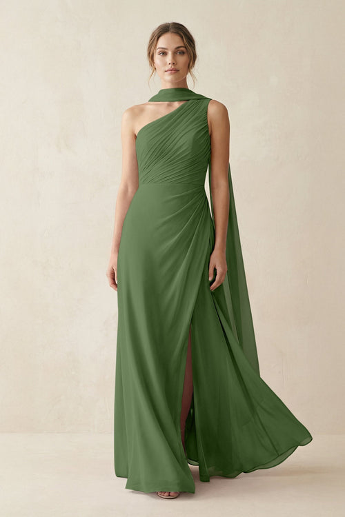 One - Shoulder Sheath Chiffon Bridesmaid Dress with Ribbon in Moss - SHE IS ME Bridesmaid Dresses