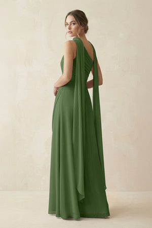 One - Shoulder Sheath Chiffon Bridesmaid Dress with Ribbon in Moss - SHE IS ME Bridesmaid Dresses