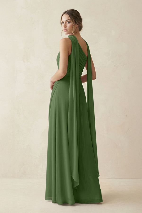 One - Shoulder Sheath Chiffon Bridesmaid Dress with Ribbon in Moss - SHE IS ME Bridesmaid Dresses