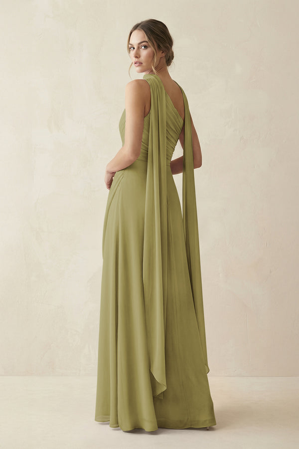 One-Shoulder Sheath Chiffon Bridesmaid Dress with Ribbon in Moss Green (2) | KISSBRIDAL