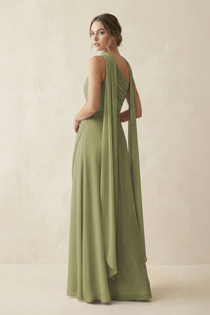 One - Shoulder Sheath Chiffon Bridesmaid Dress with Ribbon in Moss Green - SHE IS ME Bridesmaid Dresses