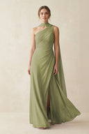 One - Shoulder Sheath Chiffon Bridesmaid Dress with Ribbon in Moss Green - SHE IS ME Bridesmaid Dresses