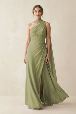 One - Shoulder Sheath Chiffon Bridesmaid Dress with Ribbon in Moss Green - SHE IS ME Bridesmaid Dresses