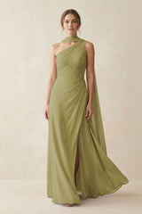 One-Shoulder Sheath Chiffon Bridesmaid Dress with Ribbon in Moss Green | KISSBRIDAL