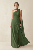 One-Shoulder Sheath Chiffon Bridesmaid Dress with Ribbon in Moss | KISSBRIDAL