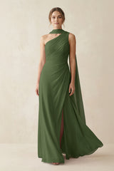One-Shoulder Sheath Chiffon Bridesmaid Dress with Ribbon in Moss | KISSBRIDAL