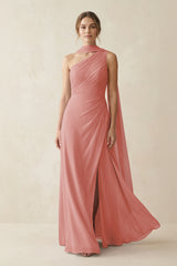 One-Shoulder Sheath Chiffon Bridesmaid Dress with Ribbon in Mulberry | KISSBRIDAL
