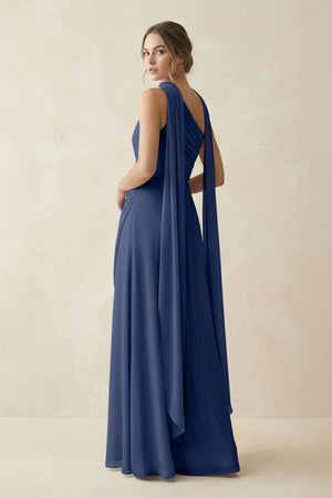 One - Shoulder Sheath Chiffon Bridesmaid Dress with Ribbon in Navy - SHE IS ME Bridesmaid Dresses
