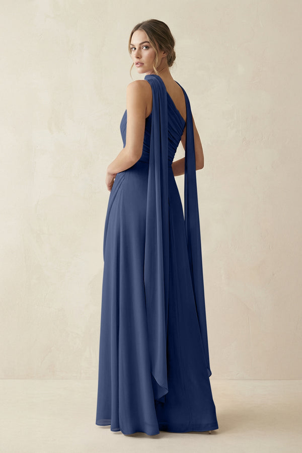One - Shoulder Sheath Chiffon Bridesmaid Dress with Ribbon in Navy - SHE IS ME Bridesmaid Dresses