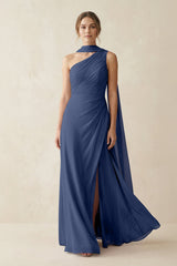 One - Shoulder Sheath Chiffon Bridesmaid Dress with Ribbon in Navy - KISS BRIDAL Bridesmaid Dresses