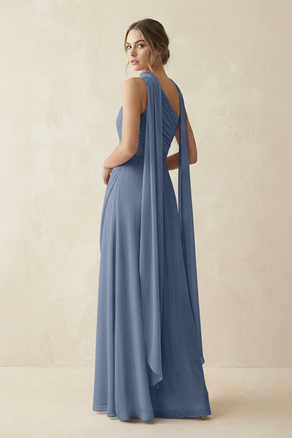 One - Shoulder Sheath Chiffon Bridesmaid Dress with Ribbon in Neptune - SHE IS ME Bridesmaid Dresses