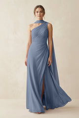 One - Shoulder Sheath Chiffon Bridesmaid Dress with Ribbon in Neptune - KISS BRIDAL Bridesmaid Dresses