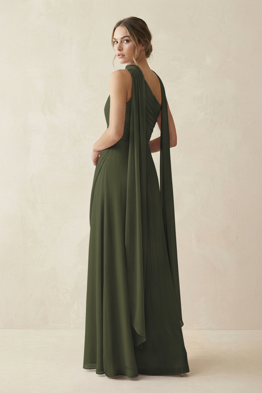 One-Shoulder Sheath Chiffon Bridesmaid Dress with Ribbon in Olive
