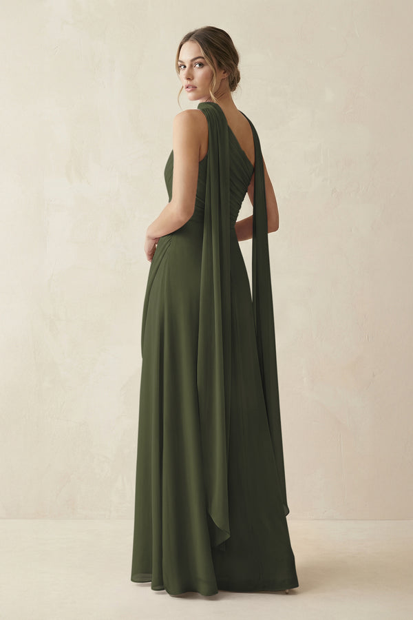 One-Shoulder Sheath Chiffon Bridesmaid Dress with Ribbon in Olive (2) | KISSBRIDAL