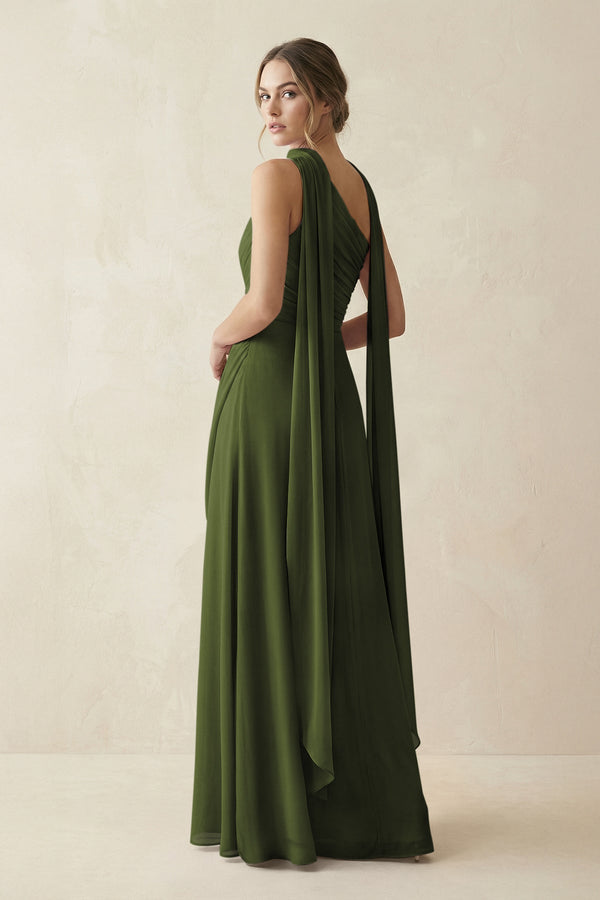 One - Shoulder Sheath Chiffon Bridesmaid Dress with Ribbon in Olive - SHE IS ME Bridesmaid Dresses