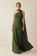 One - Shoulder Sheath Chiffon Bridesmaid Dress with Ribbon in Olive - SHE IS ME Bridesmaid Dresses