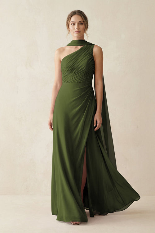 One - Shoulder Sheath Chiffon Bridesmaid Dress with Ribbon in Olive - SHE IS ME Bridesmaid Dresses