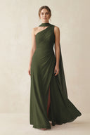 One-Shoulder Sheath Chiffon Bridesmaid Dress with Ribbon in Olive | KISSBRIDAL