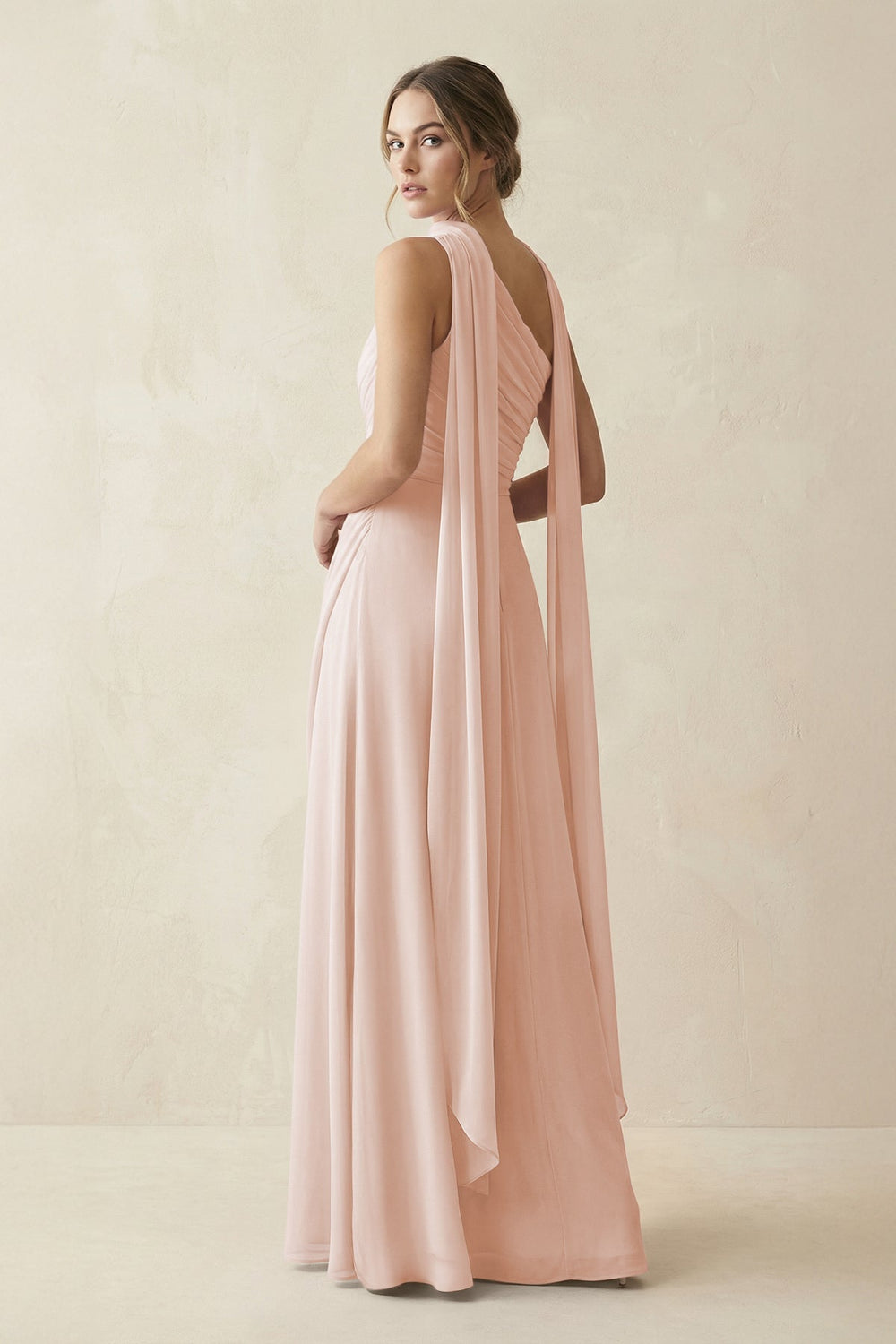 One - Shoulder Sheath Chiffon Bridesmaid Dress with Ribbon in Pale Blush - KISS BRIDAL Bridesmaid Dresses