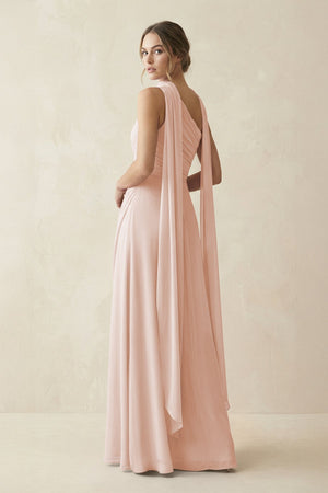 One - Shoulder Sheath Chiffon Bridesmaid Dress with Ribbon in Pale Blush - SHE IS ME Bridesmaid Dresses