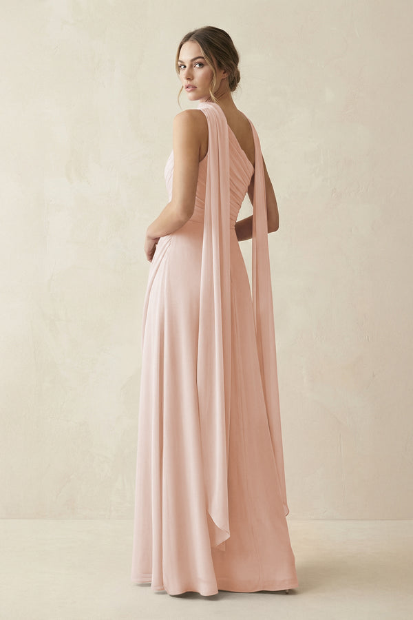 One - Shoulder Sheath Chiffon Bridesmaid Dress with Ribbon in Pale Blush - SHE IS ME Bridesmaid Dresses