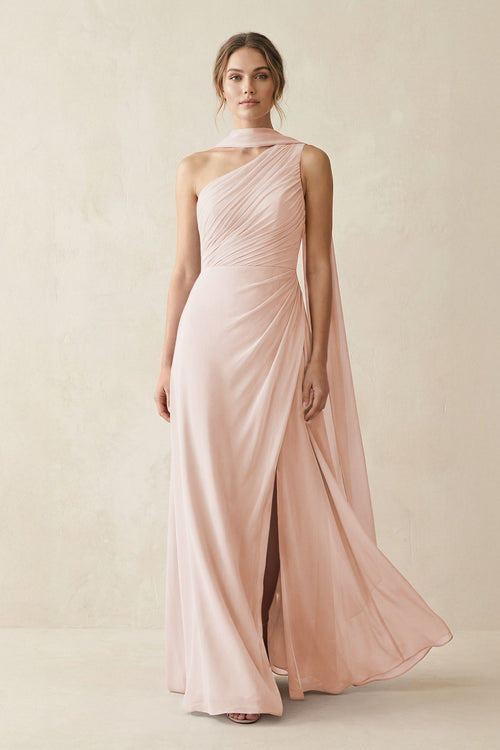 One - Shoulder Sheath Chiffon Bridesmaid Dress with Ribbon in Pale Blush - SHE IS ME Bridesmaid Dresses