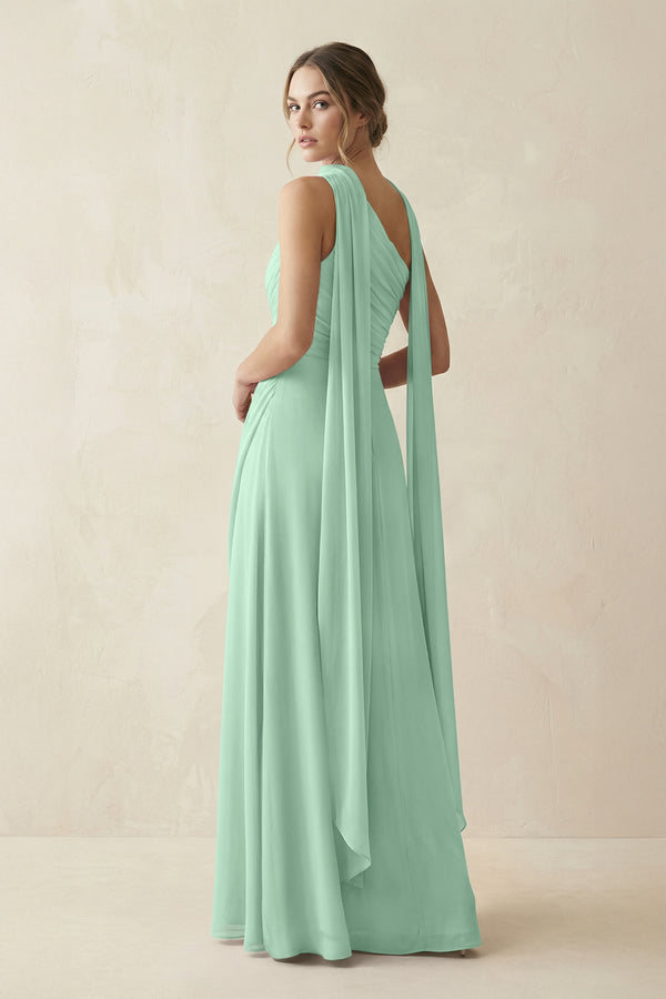 One-Shoulder Sheath Chiffon Bridesmaid Dress with Ribbon in Pale Pistachio (2) | KISSBRIDAL